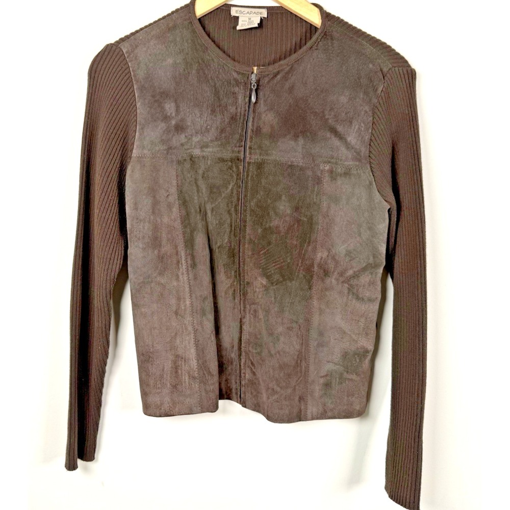 Vintage Escapade Chocolate Brown Suede Knit‎ Panel Jacket 90s Grunge Boho M